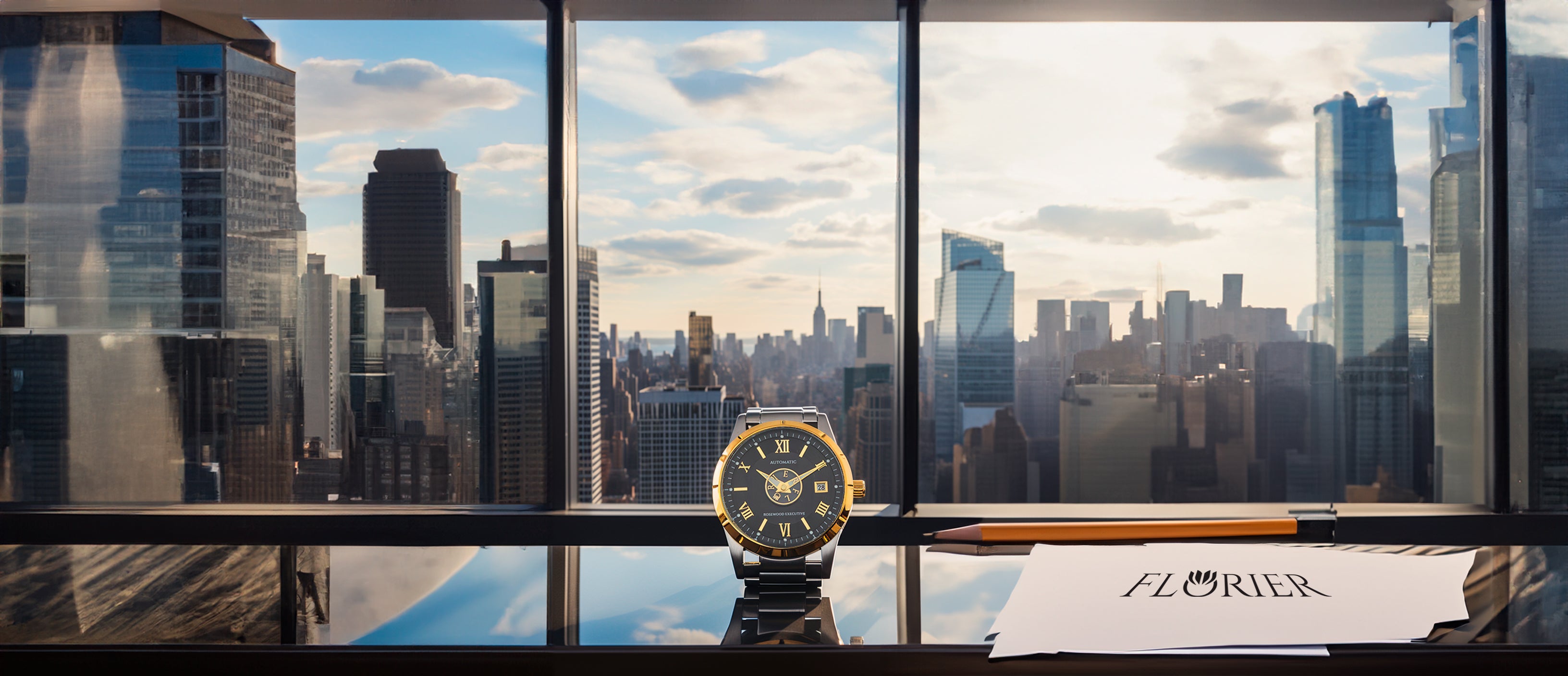 Florier Rosewood Executive Automatic Watch in a desk of a highrise